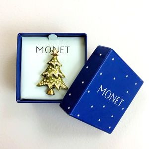 MONET Christmas Tree Brooch Holiday Lapel Pin NIB VTG Deadstock Bon Marche